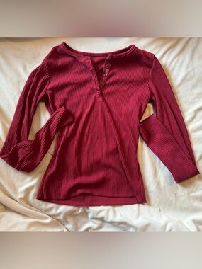 Ribbed Long Sleeve Henley Top - Deep Wine Red